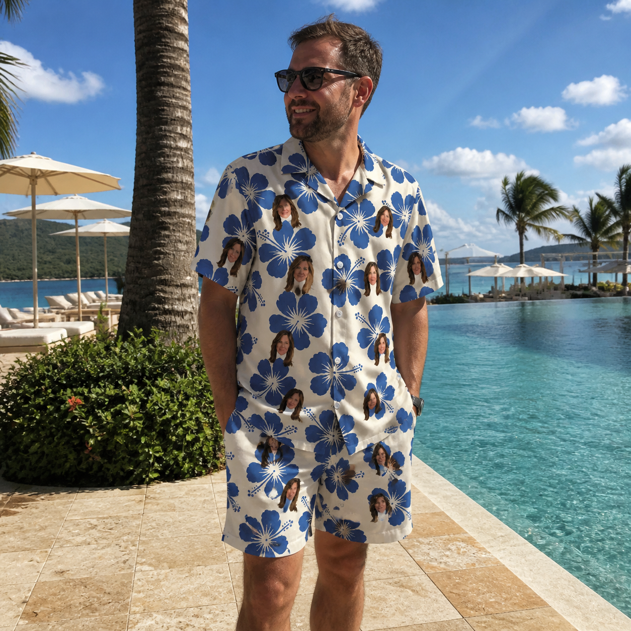 Real-life photo of someone wearing Men's Flora Fiesta Custom Face Shirt & Shorts Set — custom faces printed all-over