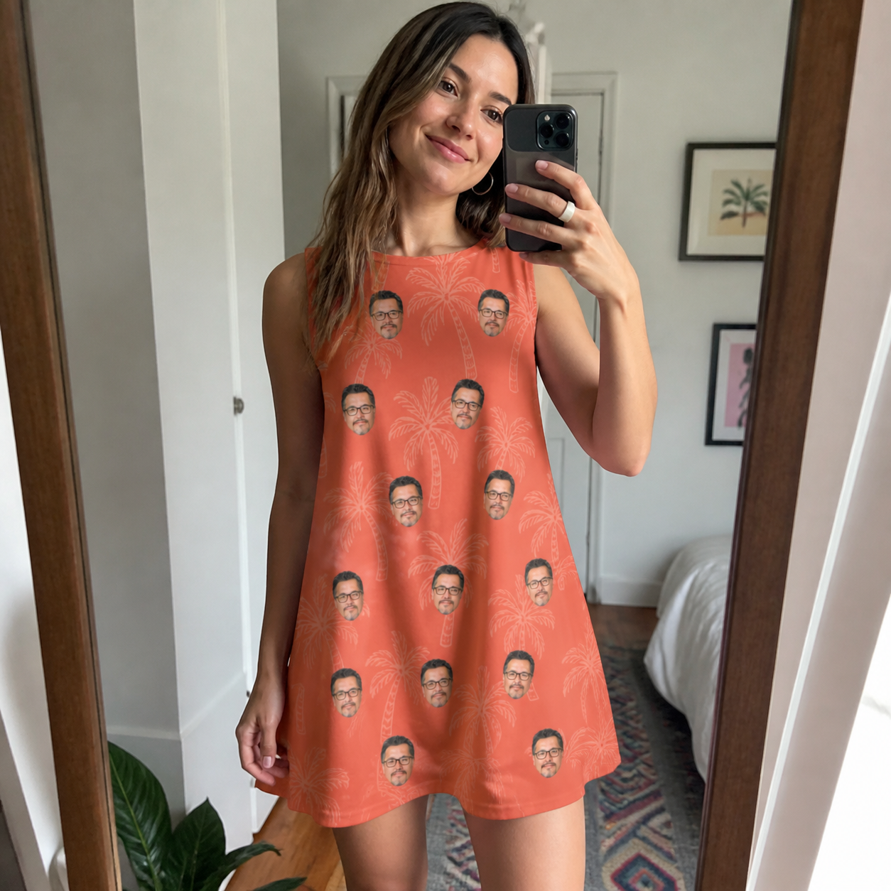 Real-life photo of someone wearing Women's Tiki Treetops Custom Face Tank Dress — custom faces printed all-over