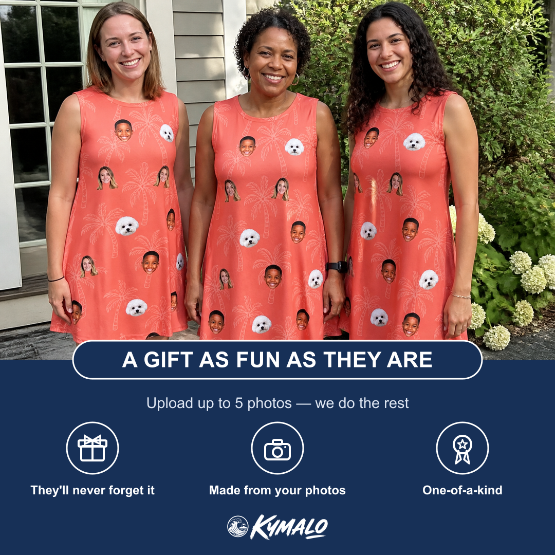 Friends in matching Women's Tiki Treetops Custom Face Tank Dress — a group gift photo