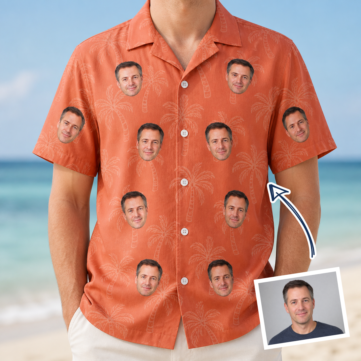Man wearing Men's Tiki Treetops Custom Face Hawaiian Shirt — custom faces printed all-over
