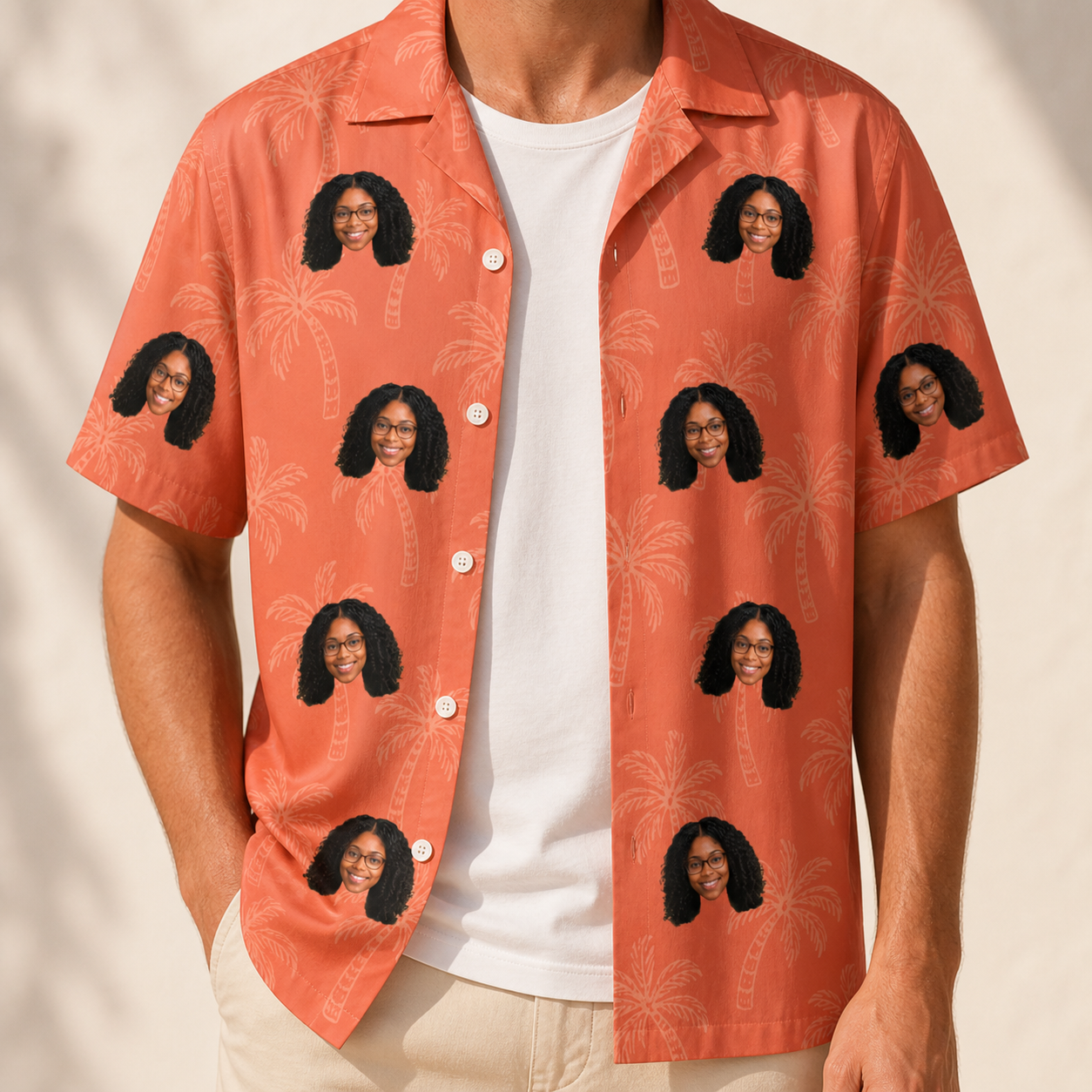Man wearing Men's Tiki Treetops Custom Face Hawaiian Shirt open over a white tee