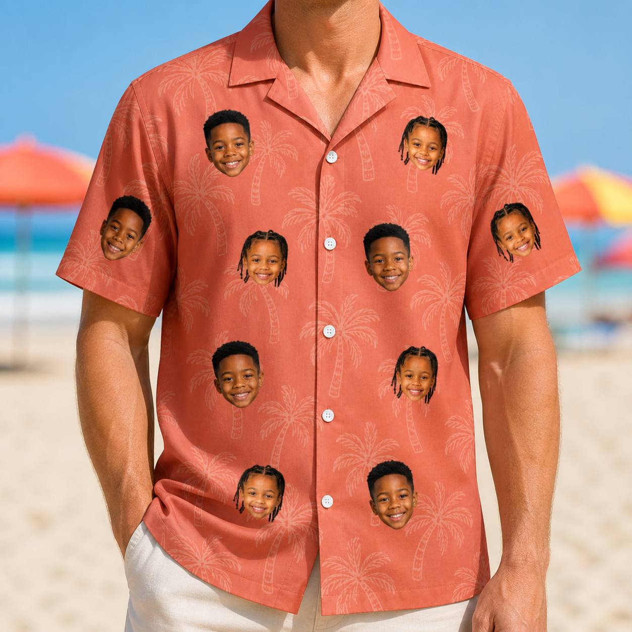 Model wearing Men's Tiki Treetops Custom Face Hawaiian Shirt printed with kids' faces