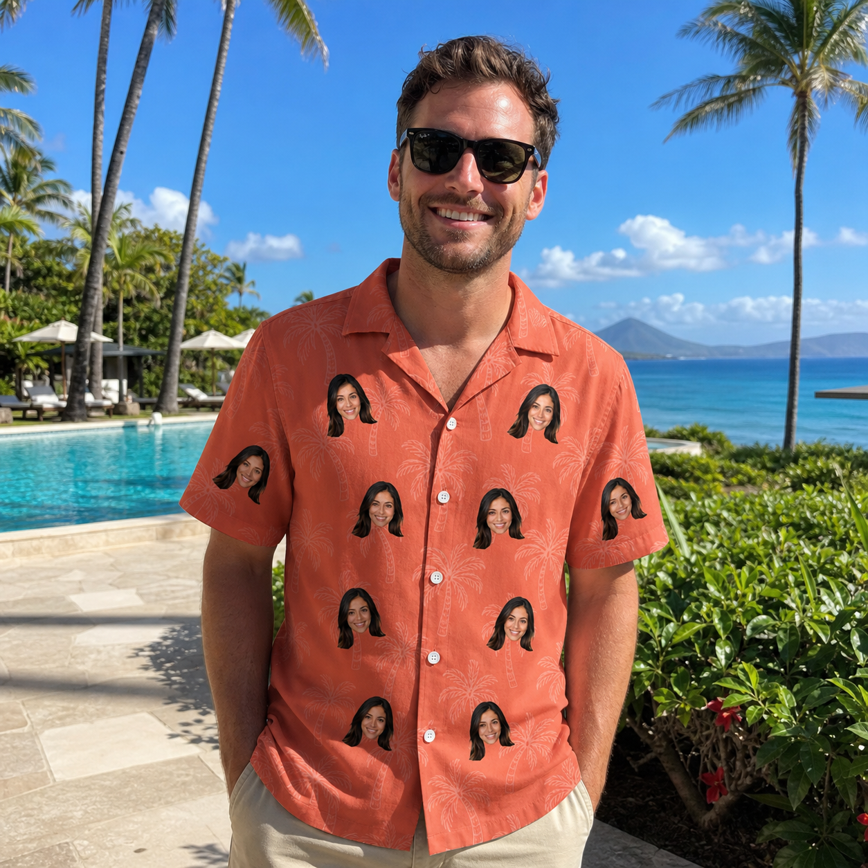 Real-life photo of someone wearing Men's Tiki Treetops Custom Face Hawaiian Shirt — custom faces printed all-over