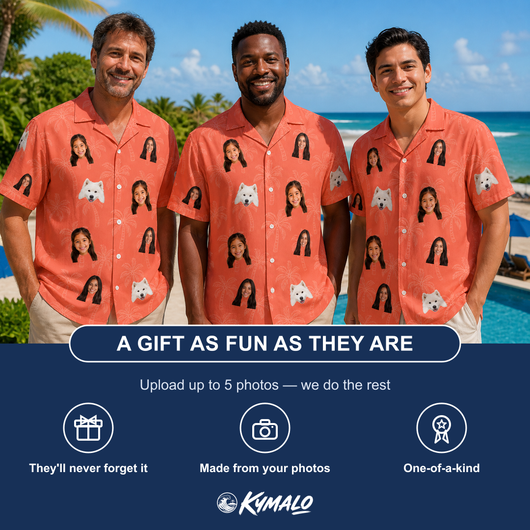 Friends in matching Men's Tiki Treetops Custom Face Hawaiian Shirt — a group gift photo