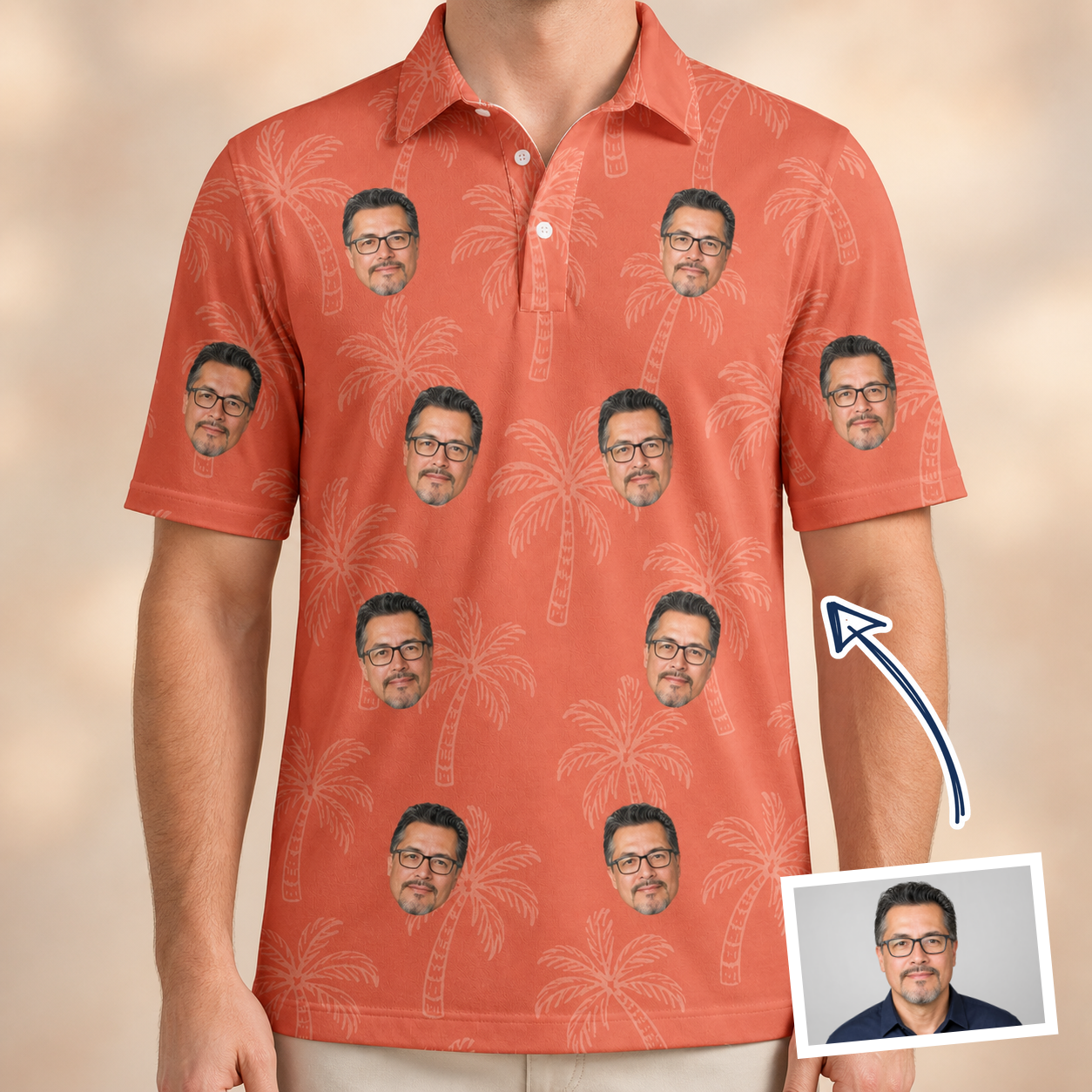 Man wearing Men's Tiki Treetops Custom Face Polo Shirt — custom faces printed all-over