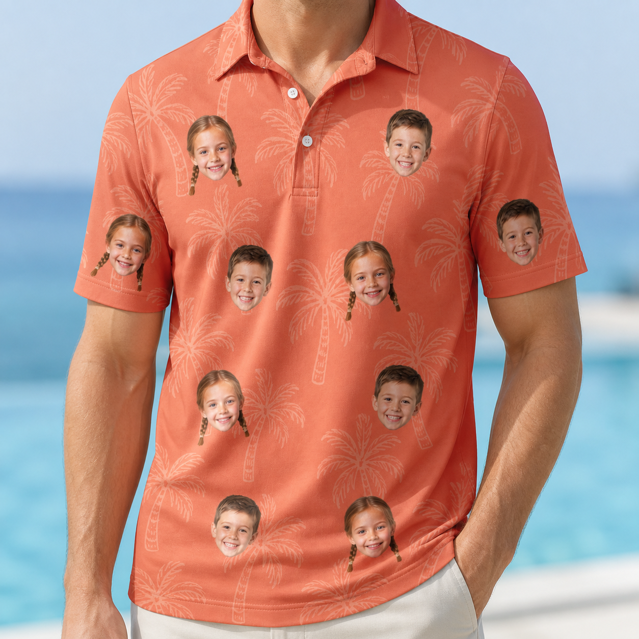 Model wearing Men's Tiki Treetops Custom Face Polo Shirt printed with kids' faces