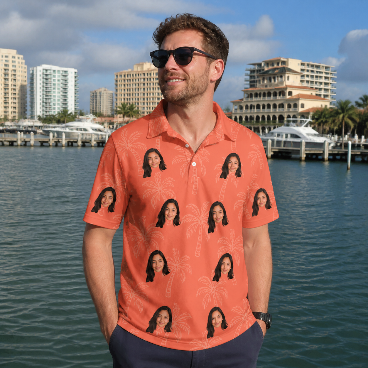 Real-life photo of someone wearing Men's Tiki Treetops Custom Face Polo Shirt — custom faces printed all-over
