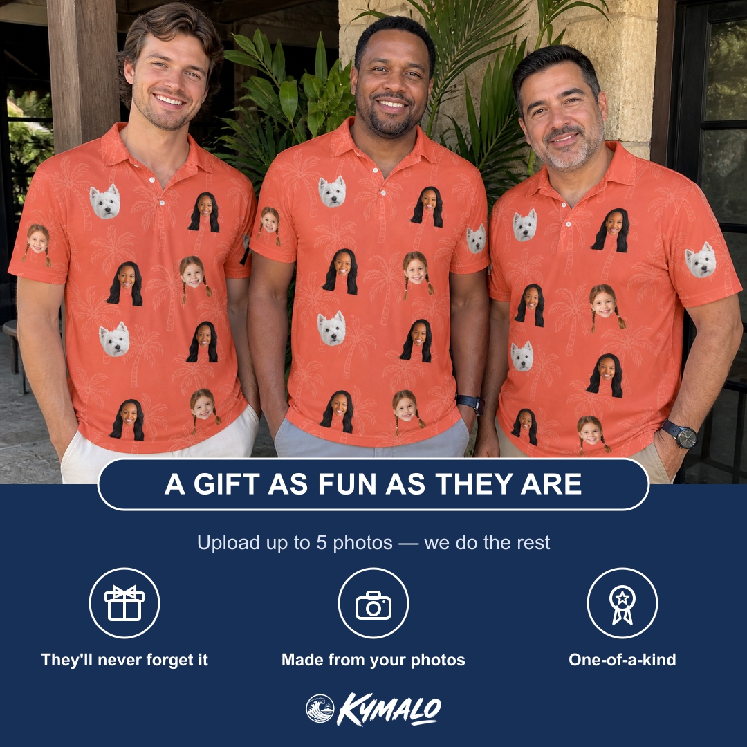 Friends in matching Men's Tiki Treetops Custom Face Polo Shirt — a group gift photo