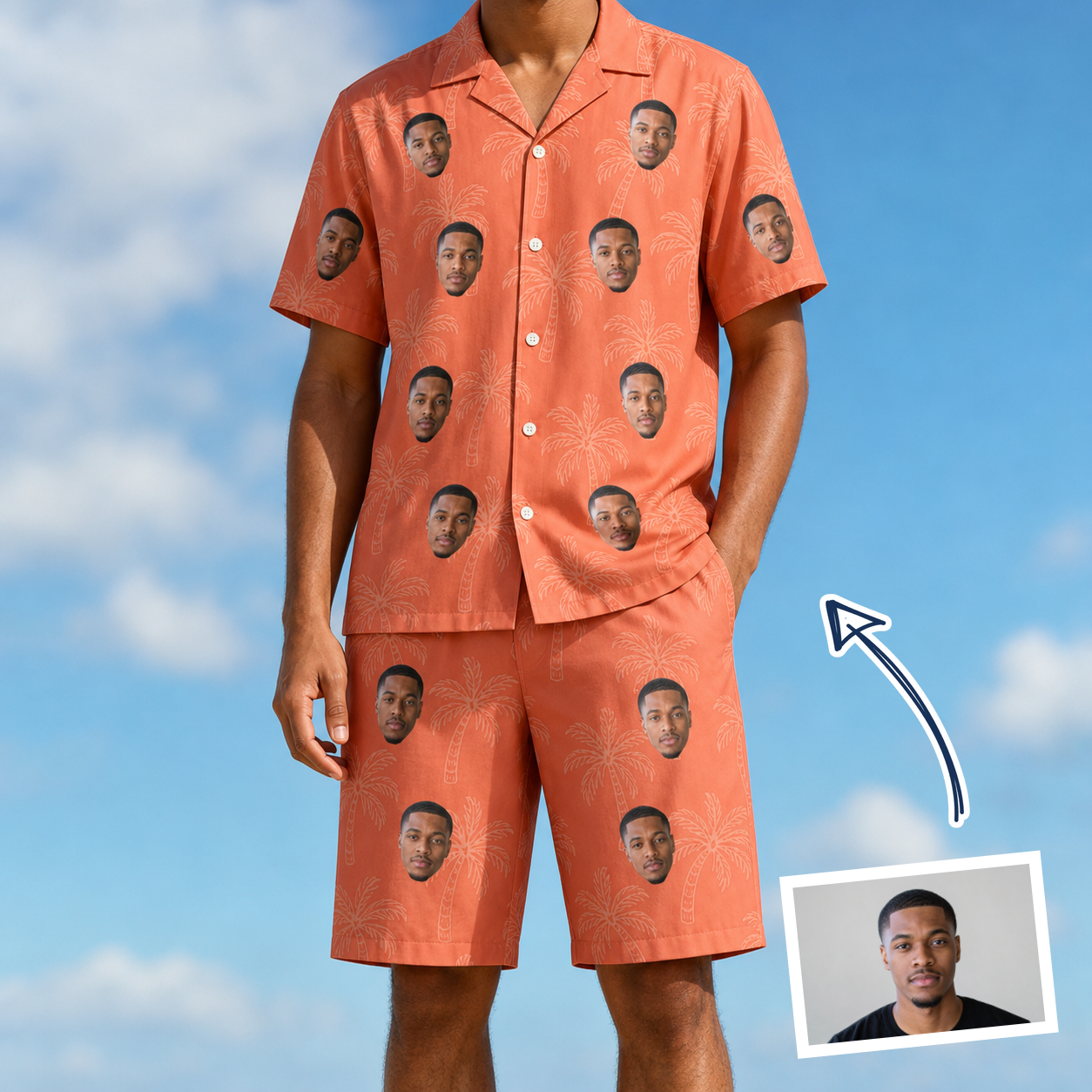 Man wearing Men's Tiki Treetops Custom Face Shirt & Shorts Set — custom faces printed all-over