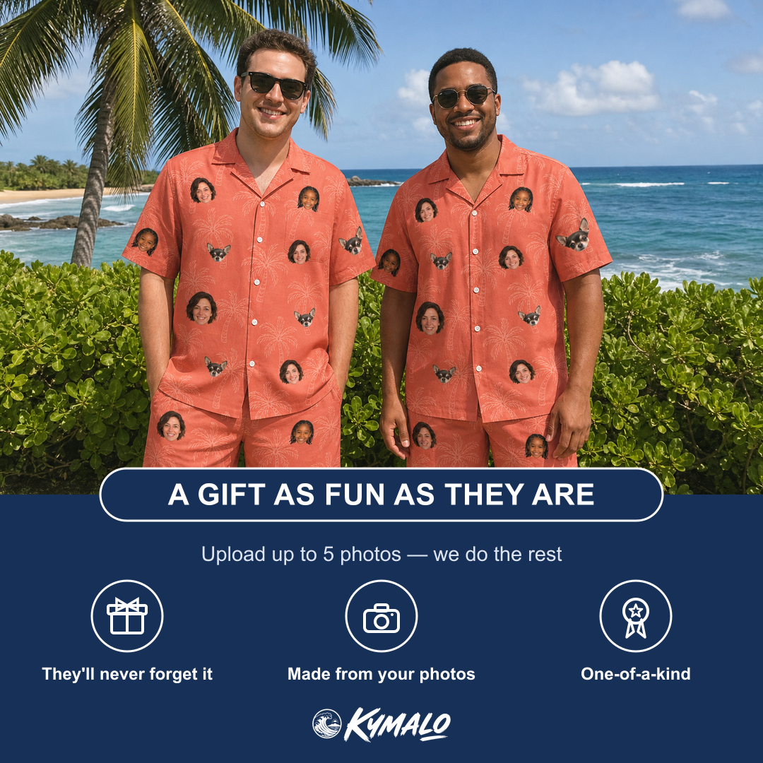 Friends in matching Men's Tiki Treetops Custom Face Shirt & Shorts Set — a group gift photo