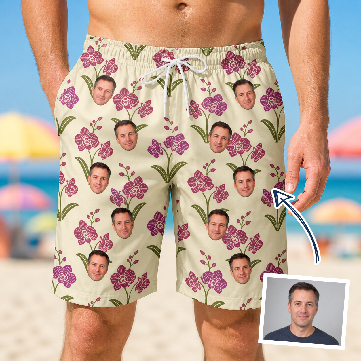 Man wearing Men's Velvet Vines Custom Face Beach Shorts — custom faces printed all-over