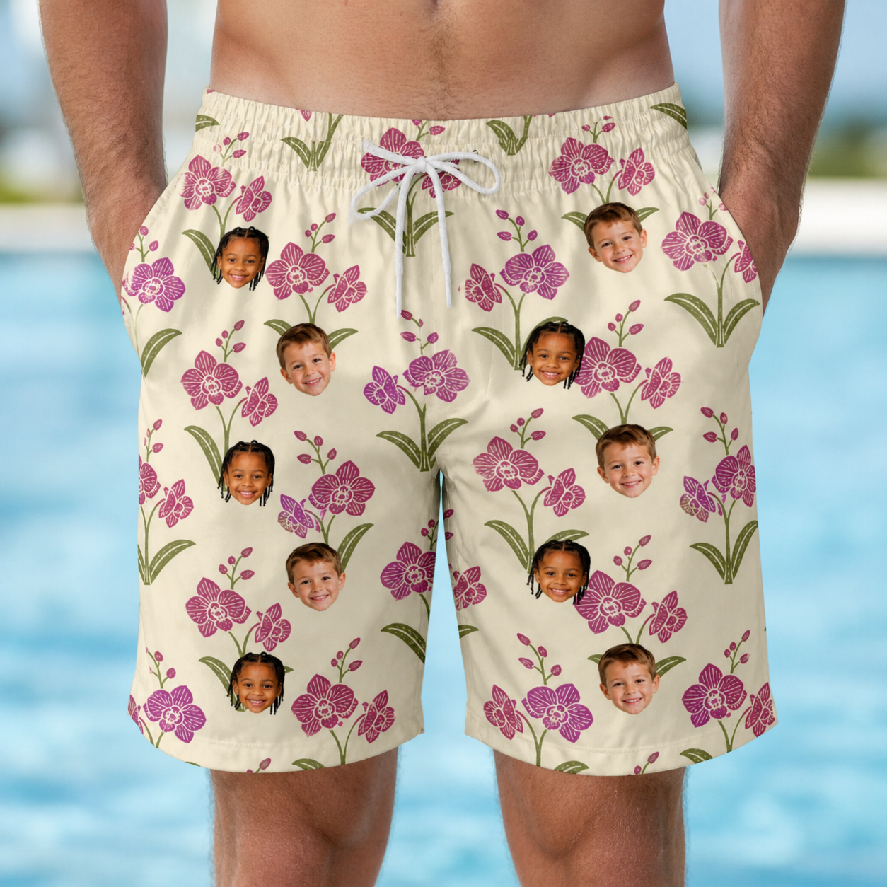 Model wearing Men's Velvet Vines Custom Face Beach Shorts printed with kids' faces