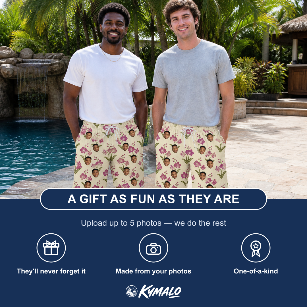 Friends in matching Men's Velvet Vines Custom Face Beach Shorts — a group gift photo
