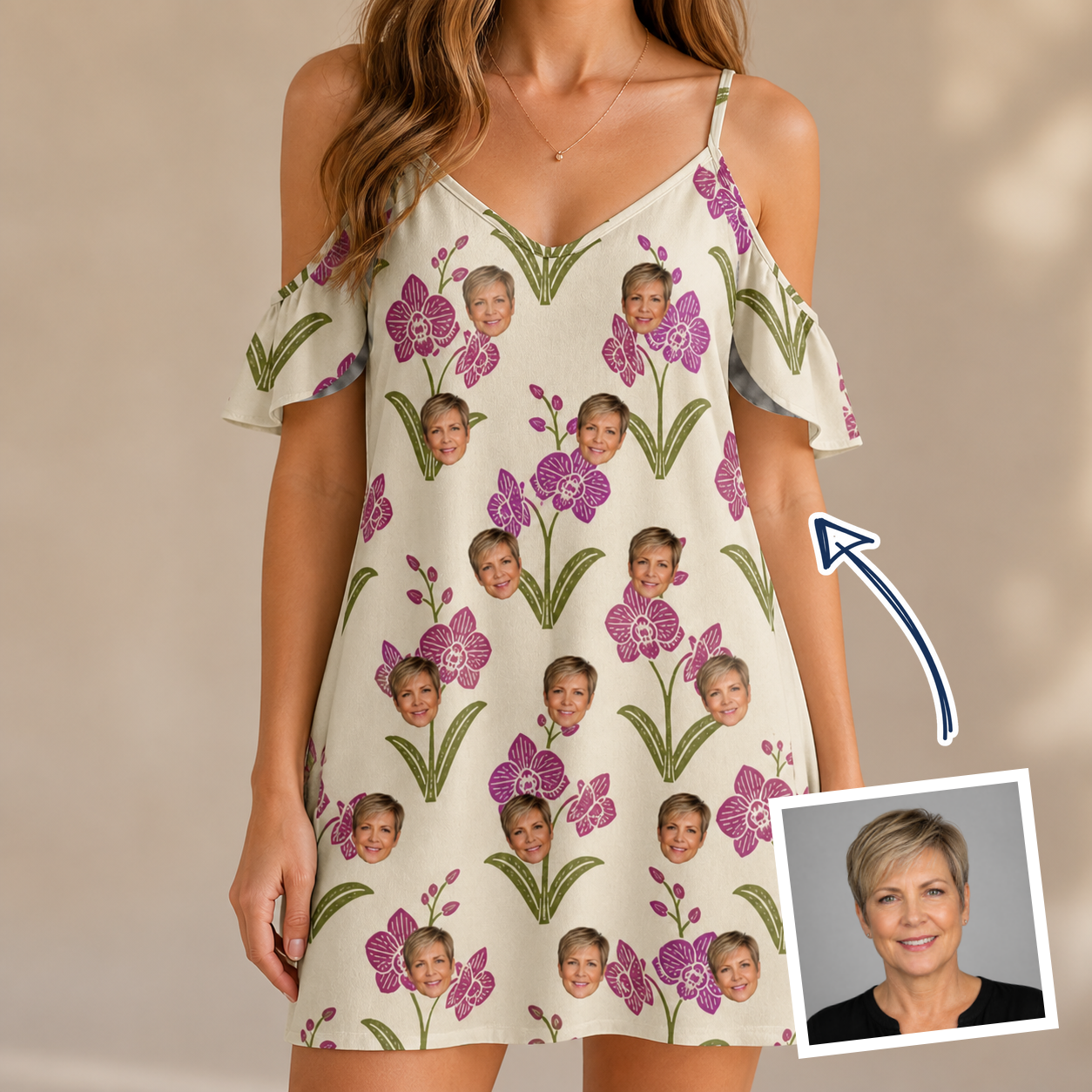 Woman wearing Women's Velvet Vines Custom Face Off-Shoulder Dress — custom faces printed all-over