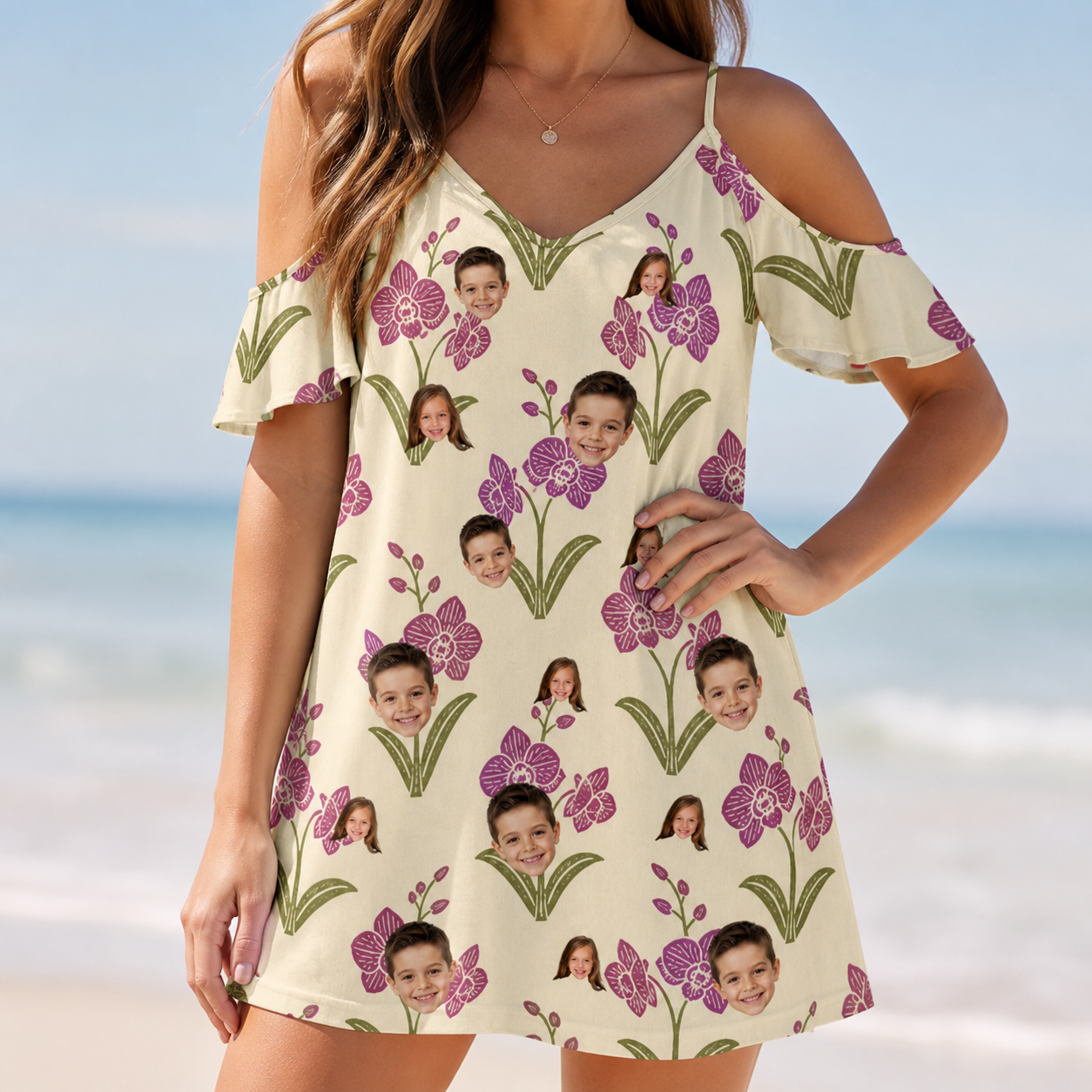 Model wearing Women's Velvet Vines Custom Face Off-Shoulder Dress printed with kids' faces
