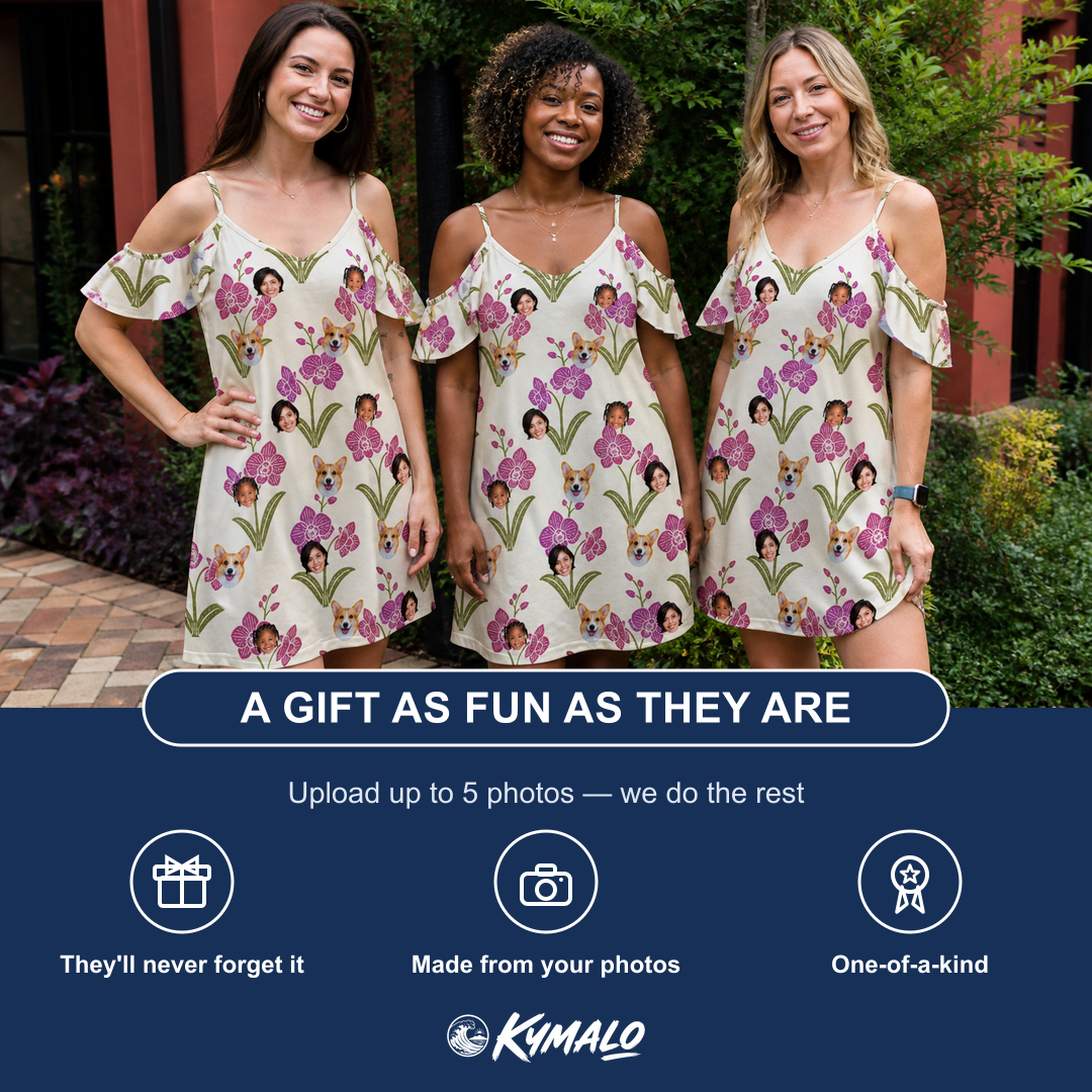 Friends in matching Women's Velvet Vines Custom Face Off-Shoulder Dress — a group gift photo