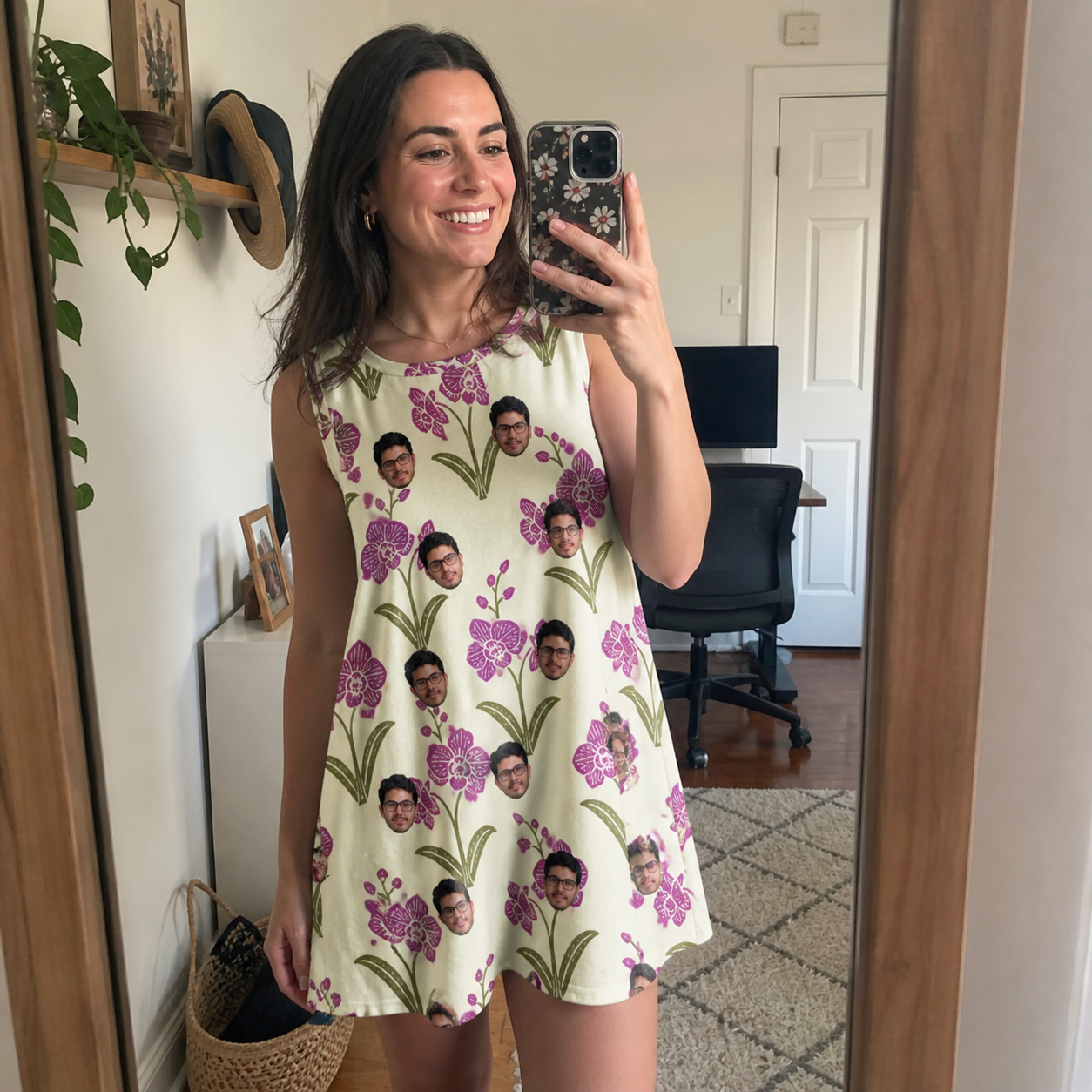 Real-life photo of someone wearing Women's Velvet Vines Custom Face Tank Dress — custom faces printed all-over