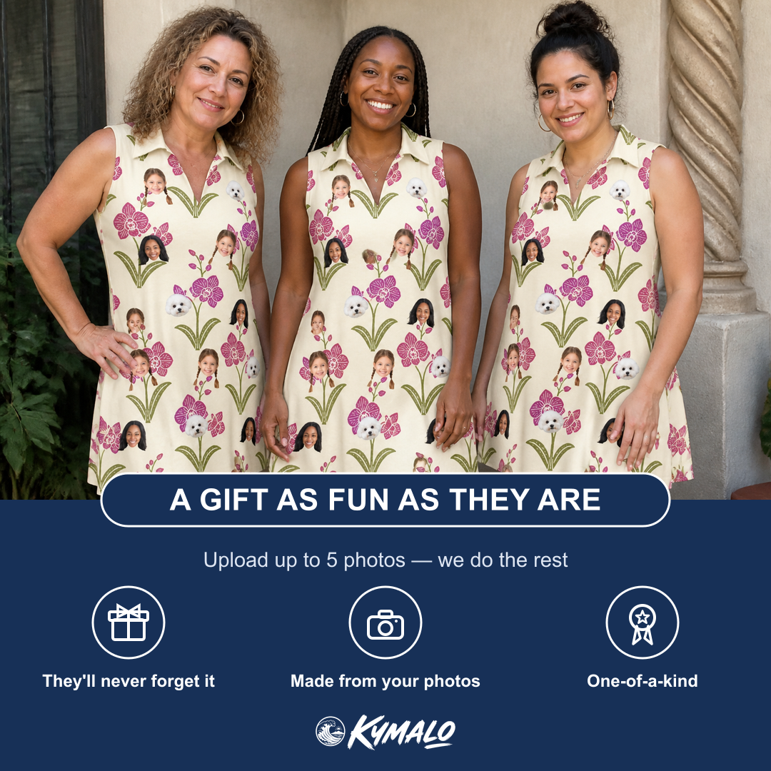 Friends in matching Women's Velvet Vines Custom Face V-Neck Dress — a group gift photo