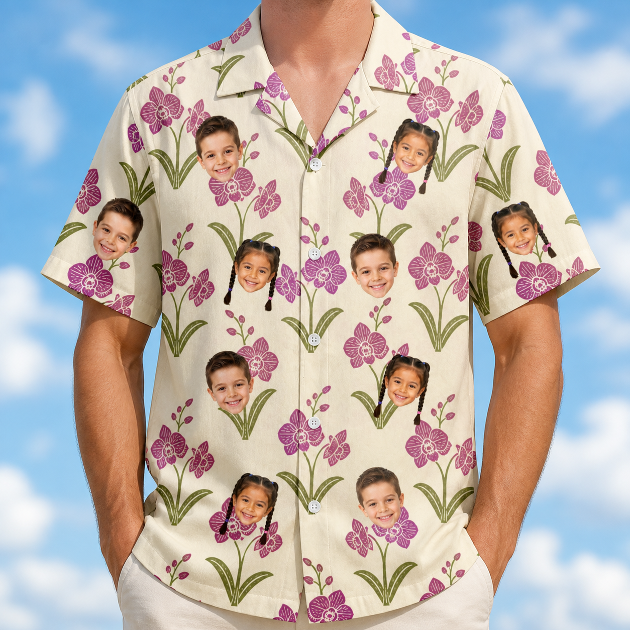 Model wearing Men's Velvet Vines Custom Face Hawaiian Shirt printed with kids' faces