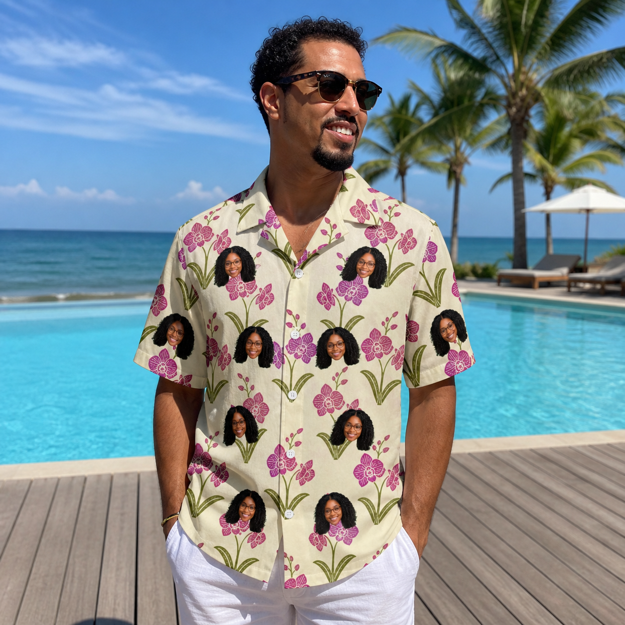 Real-life photo of someone wearing Men's Velvet Vines Custom Face Hawaiian Shirt — custom faces printed all-over
