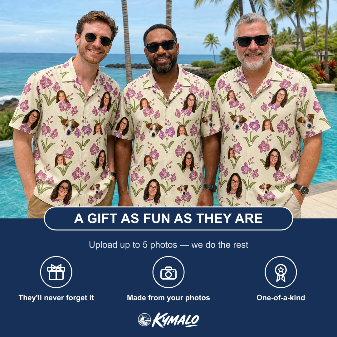 Friends in matching Men's Velvet Vines Custom Face Hawaiian Shirt — a group gift photo