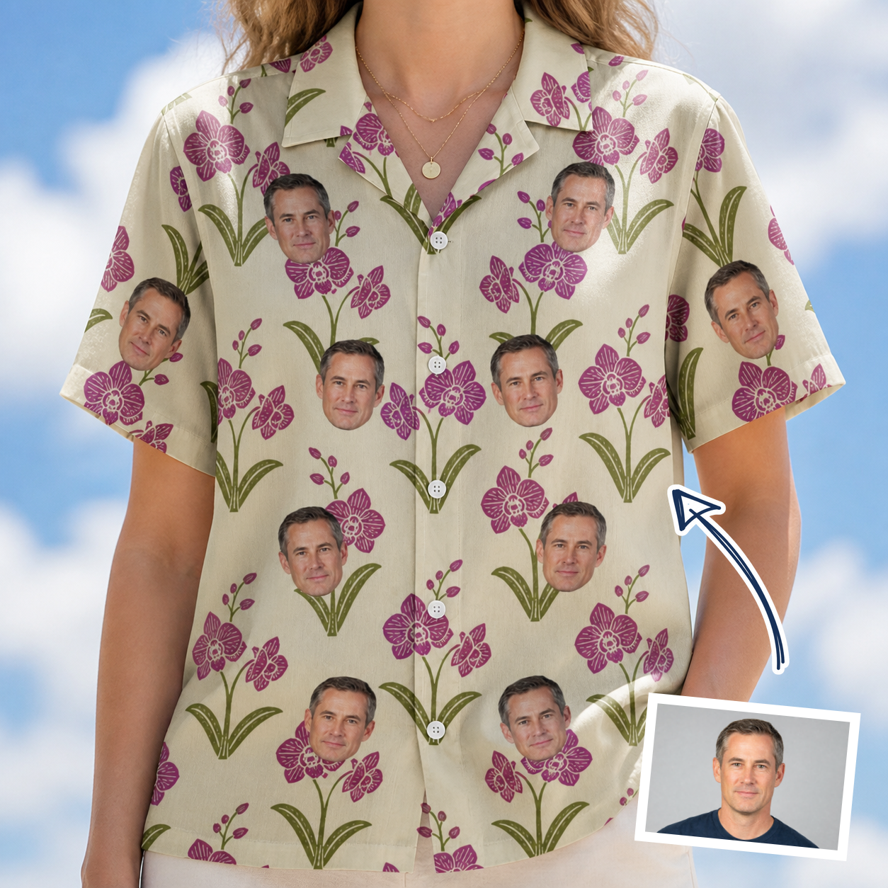 Woman wearing Women's Velvet Vines Custom Face Hawaiian Shirt — custom faces printed all-over