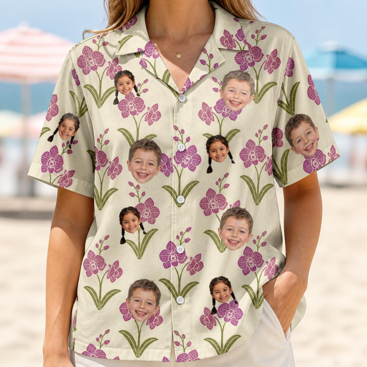 Model wearing Women's Velvet Vines Custom Face Hawaiian Shirt printed with kids' faces