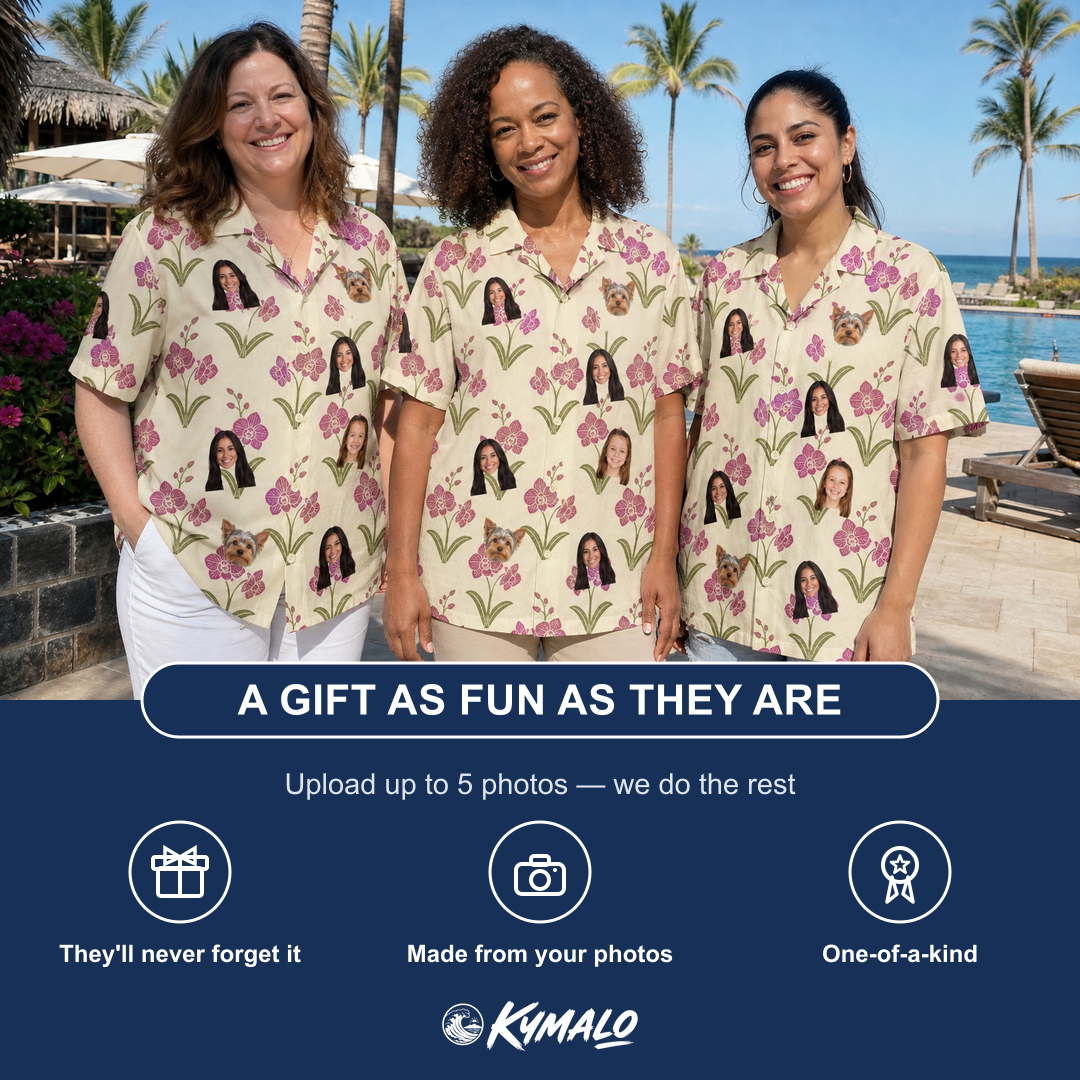 Friends in matching Women's Velvet Vines Custom Face Hawaiian Shirt — a group gift photo