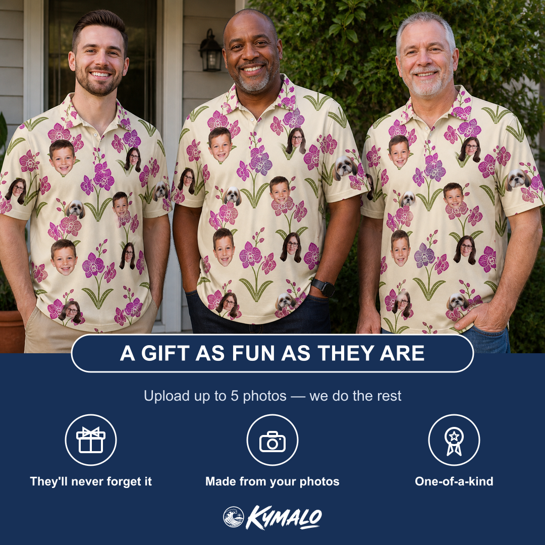 Friends in matching Men's Velvet Vines Custom Face Polo Shirt — a group gift photo