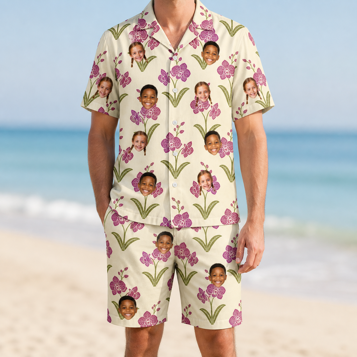 Model wearing Men's Velvet Vines Custom Face Shirt & Shorts Set printed with kids' faces
