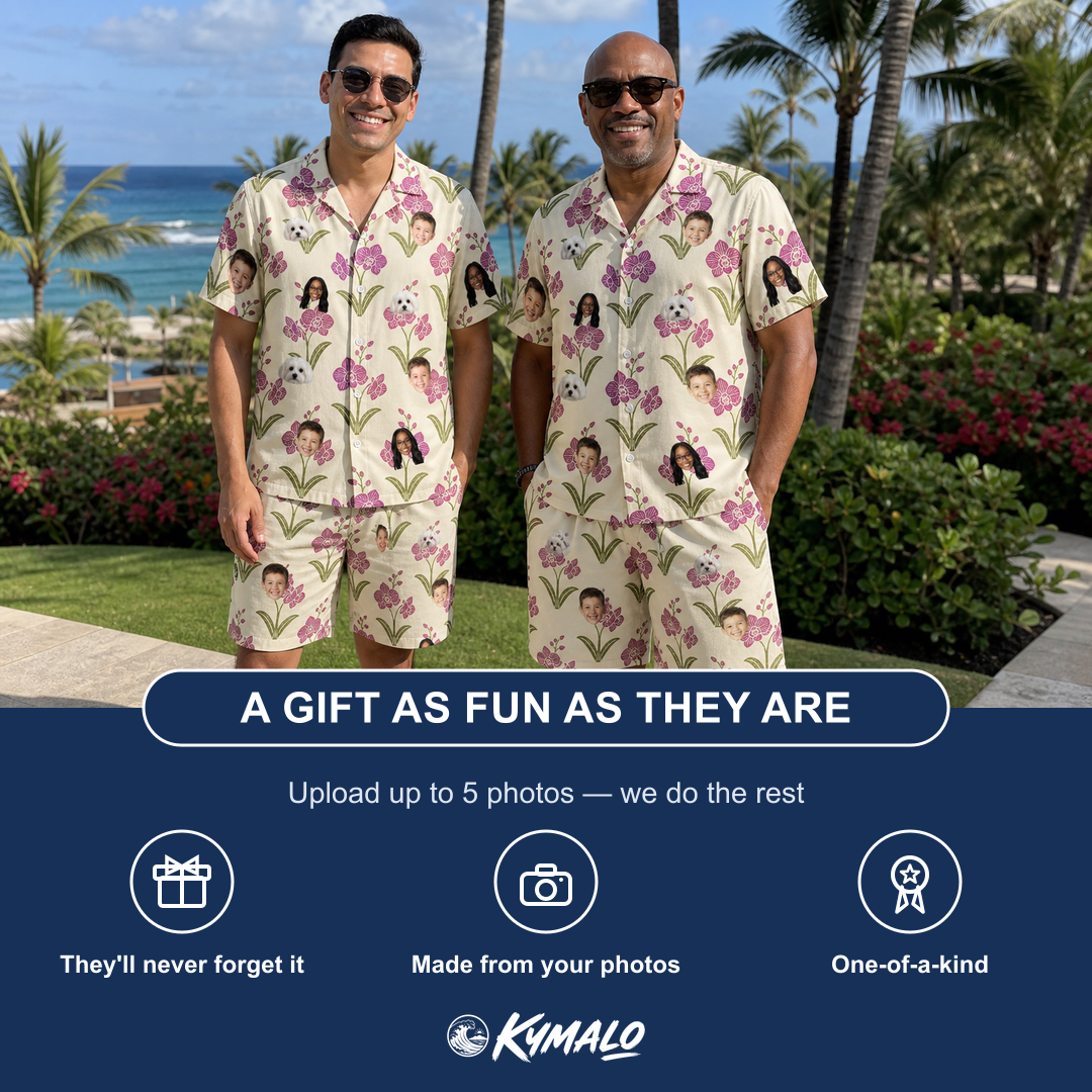 Friends in matching Men's Velvet Vines Custom Face Shirt & Shorts Set — a group gift photo