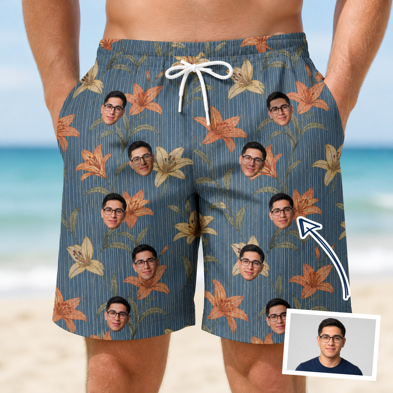 Man wearing Men's Lily Limelight Custom Face Beach Shorts — custom faces printed all-over