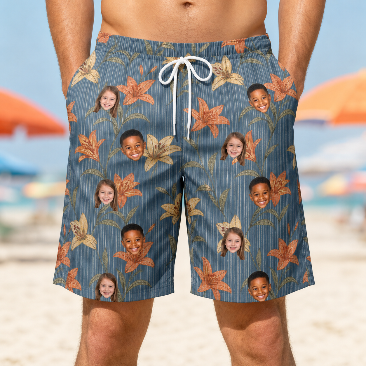 Model wearing Men's Lily Limelight Custom Face Beach Shorts printed with kids' faces