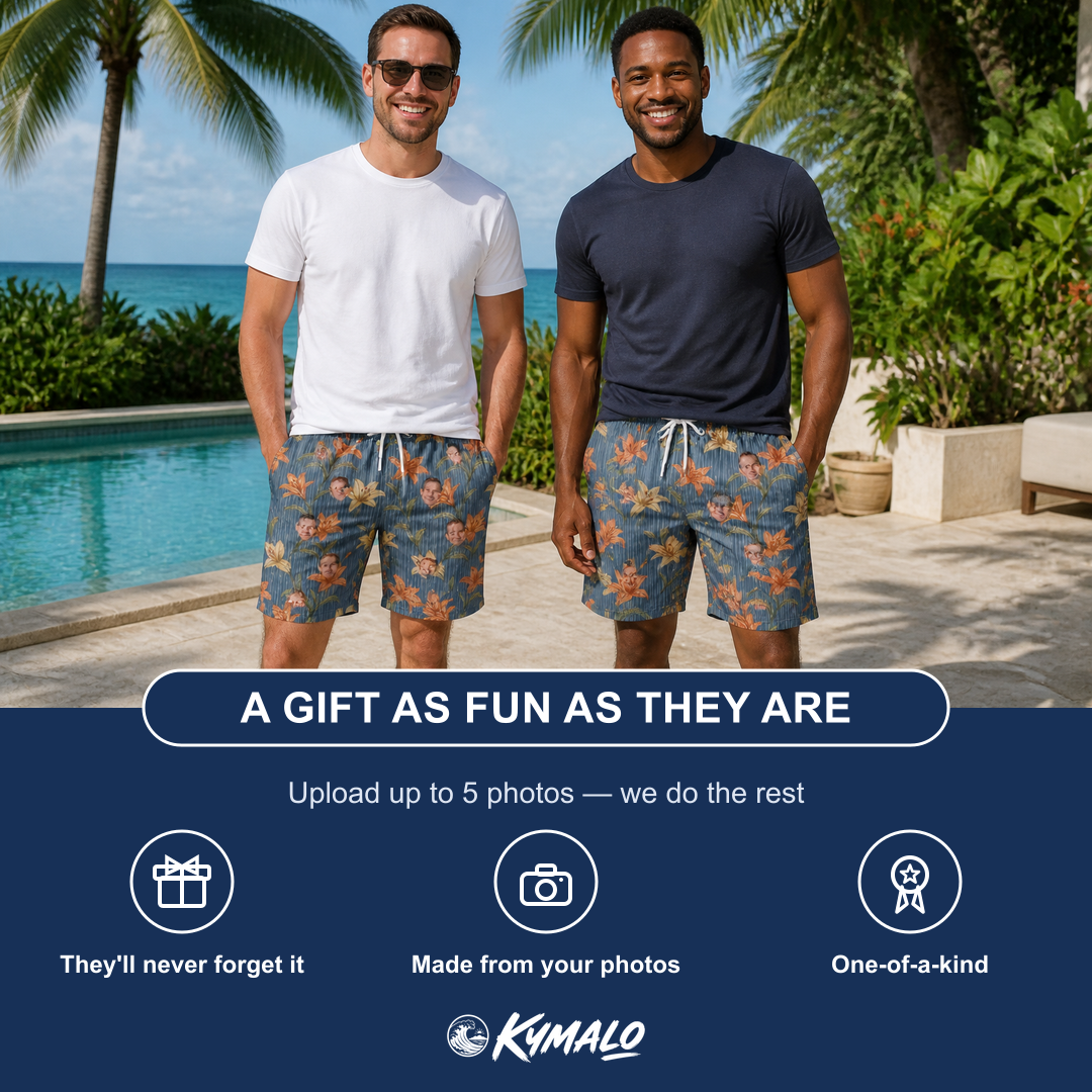Friends in matching Men's Lily Limelight Custom Face Beach Shorts — a group gift photo