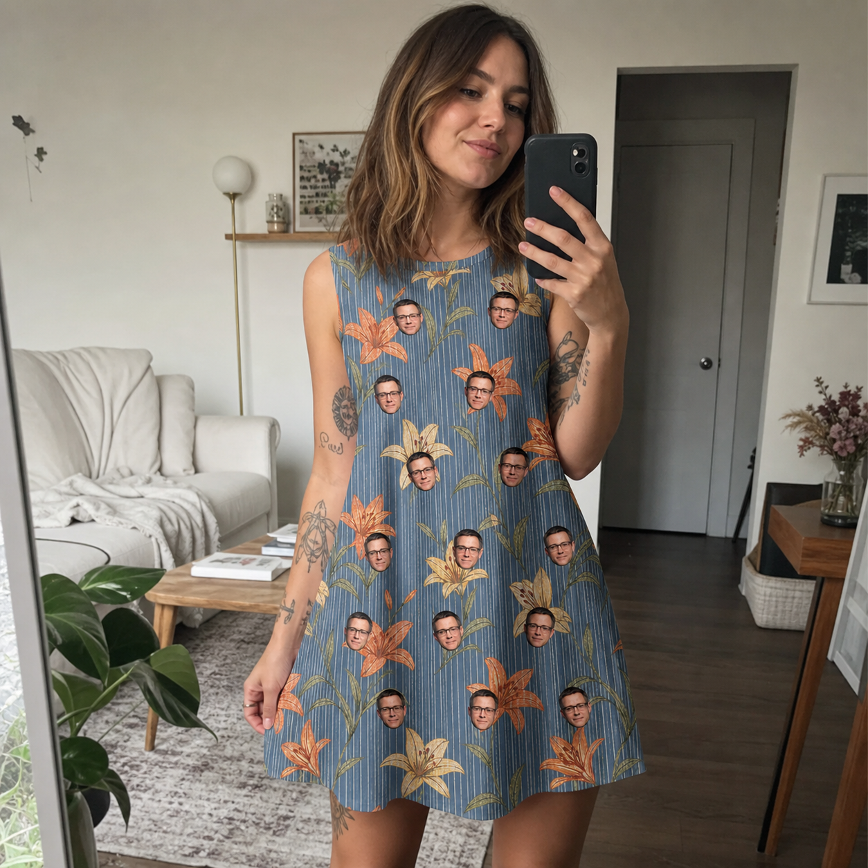 Real-life photo of someone wearing Women's Lily Limelight Custom Face Tank Dress — custom faces printed all-over