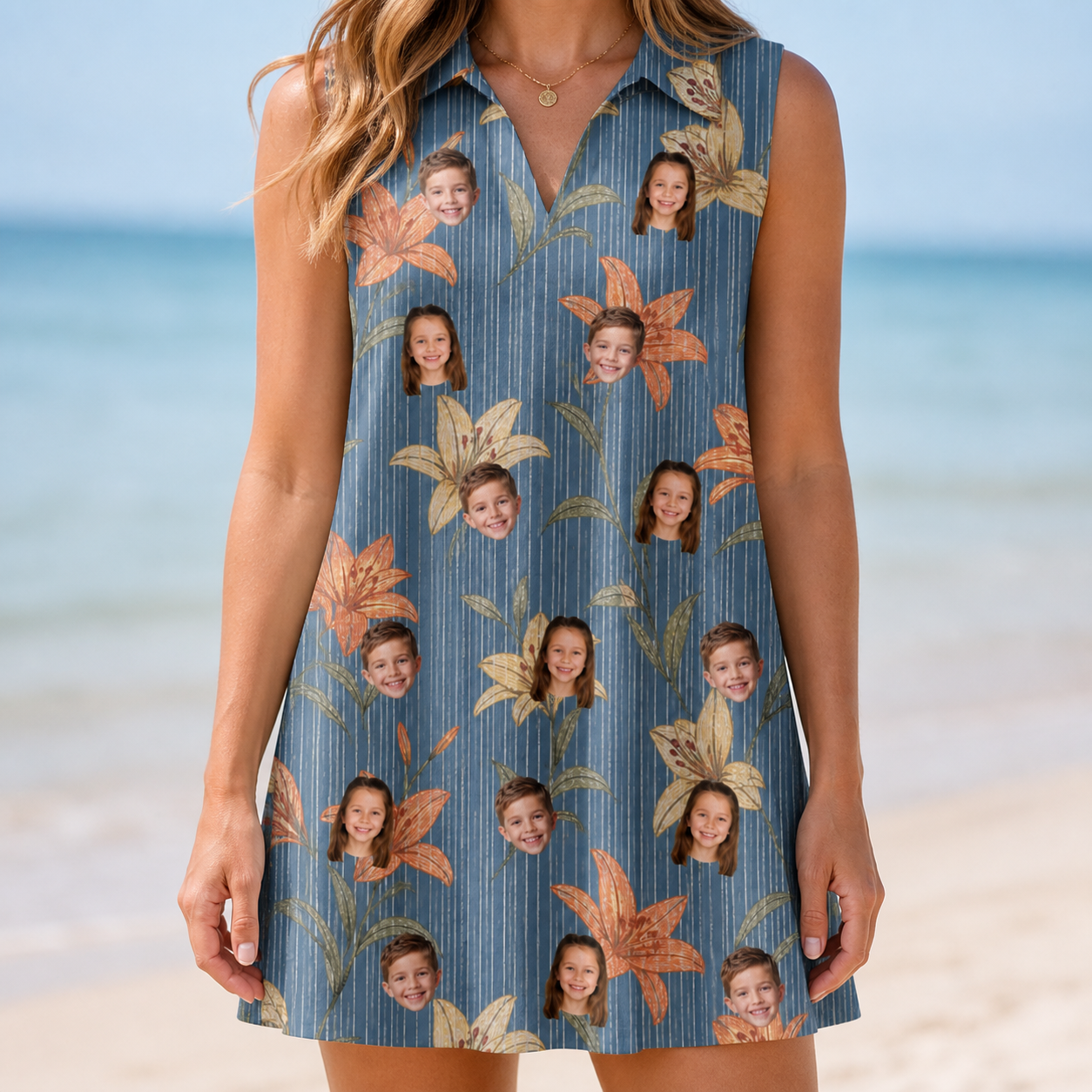 Model wearing Women's Lily Limelight Custom Face V-Neck Dress printed with kids' faces