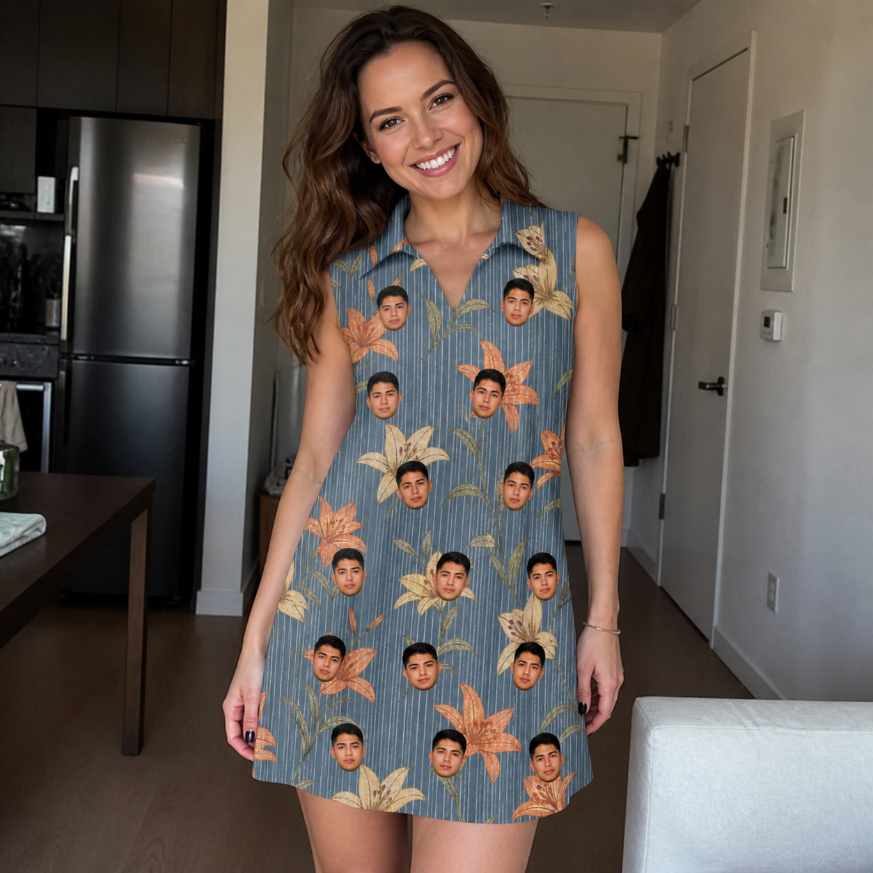 Real-life photo of someone wearing Women's Lily Limelight Custom Face V-Neck Dress — custom faces printed all-over