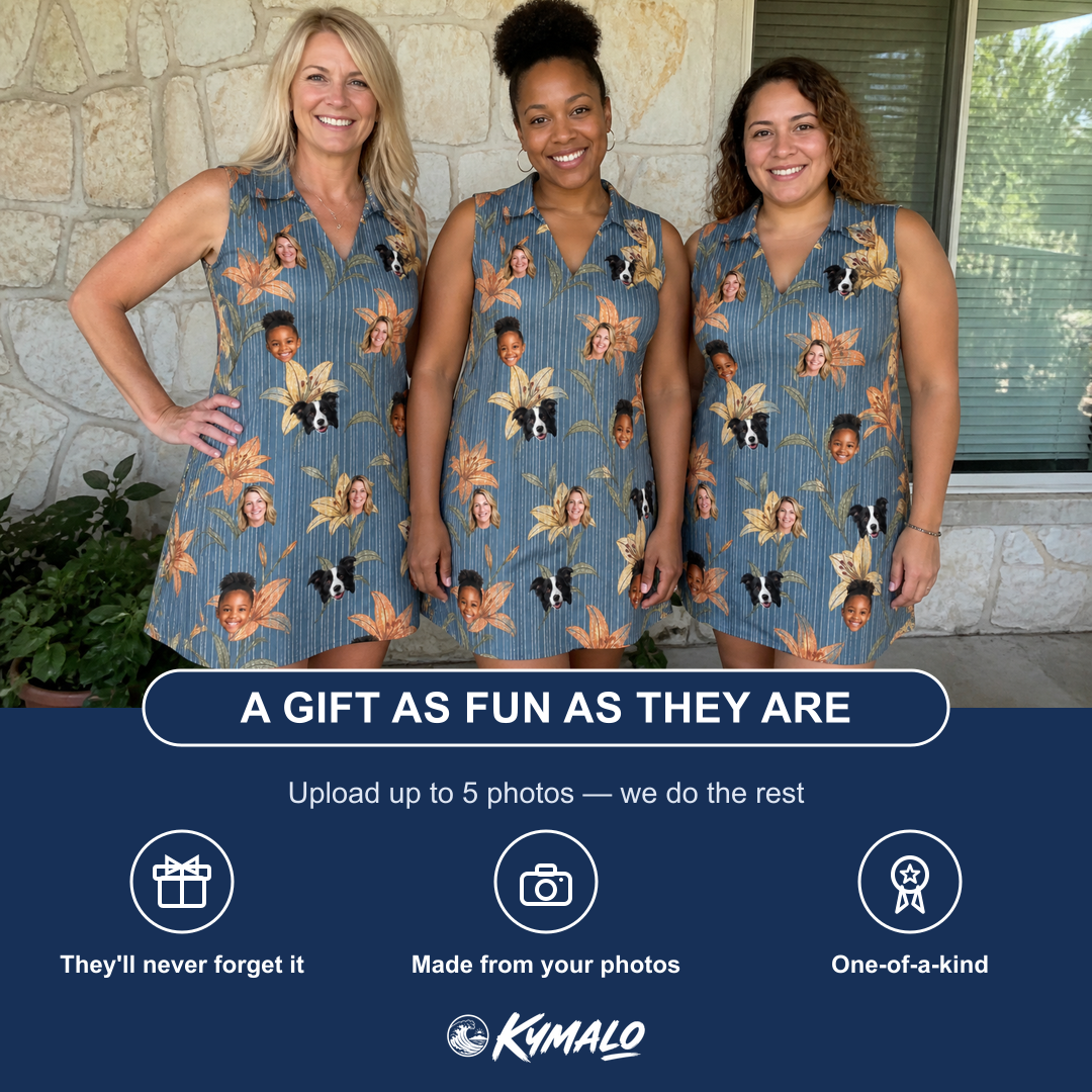 Friends in matching Women's Lily Limelight Custom Face V-Neck Dress — a group gift photo