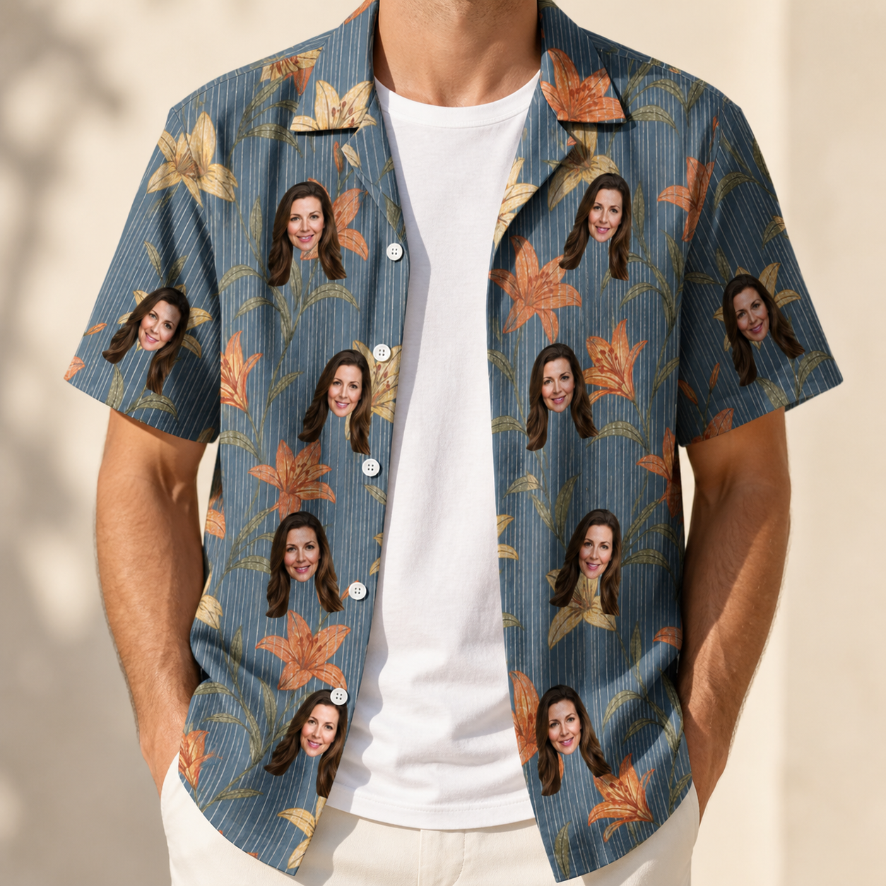 Man wearing Men's Lily Limelight Custom Face Hawaiian Shirt open over a white tee