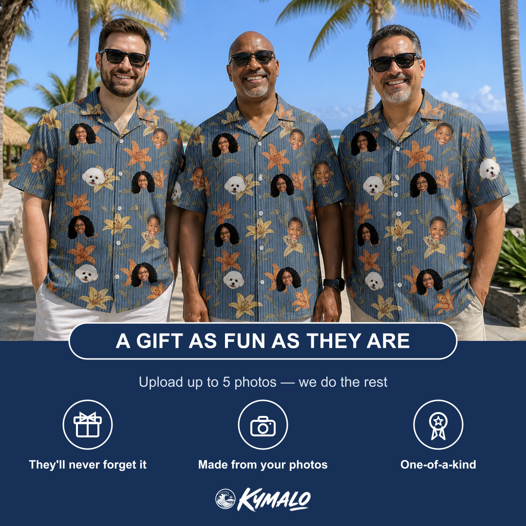 Friends in matching Men's Lily Limelight Custom Face Hawaiian Shirt — a group gift photo