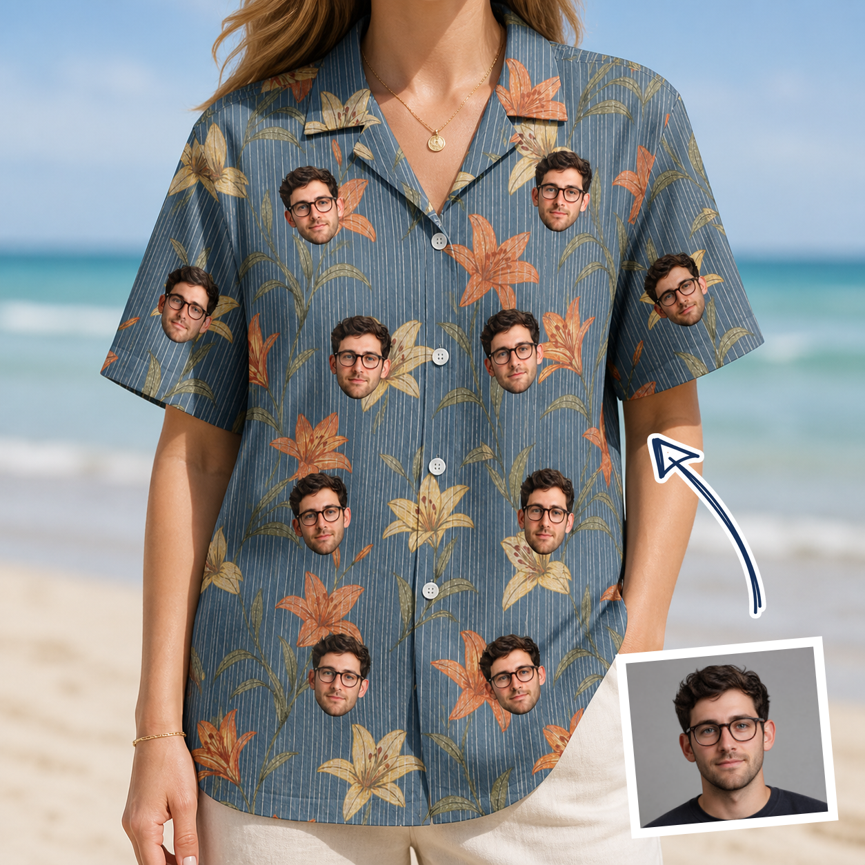 Woman wearing Women's Lily Limelight Custom Face Hawaiian Shirt — custom faces printed all-over