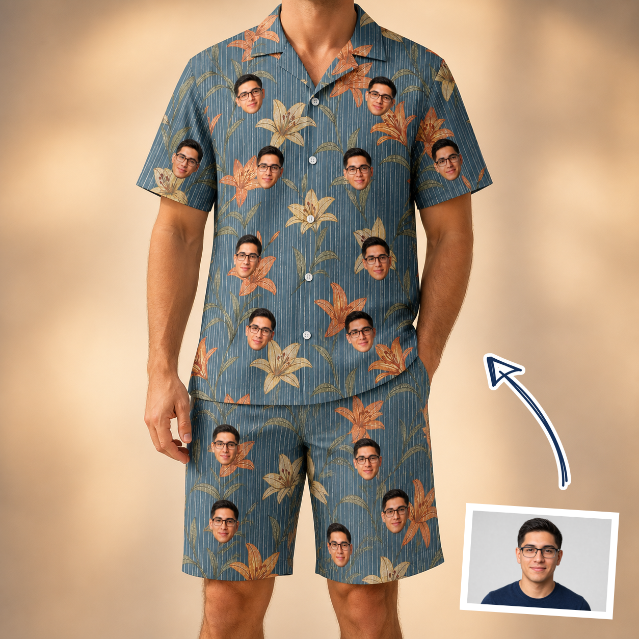 Man wearing Men's Lily Limelight Custom Face Shirt & Shorts Set — custom faces printed all-over
