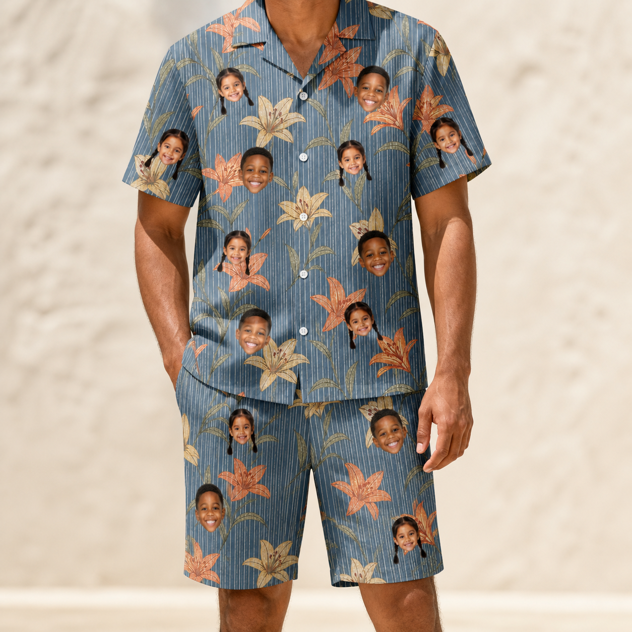 Model wearing Men's Lily Limelight Custom Face Shirt & Shorts Set printed with kids' faces