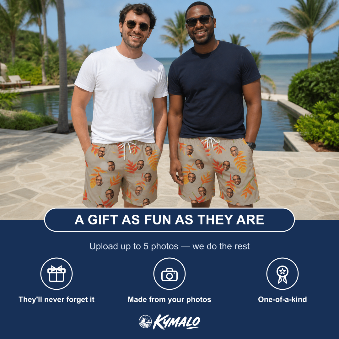 Friends in matching Men's Bract Attack Custom Face Beach Shorts — a group gift photo