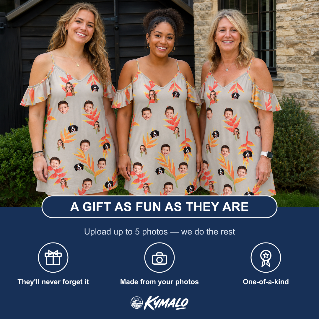 Friends in matching Women's Bract Attack Custom Face Off-Shoulder Dress — a group gift photo