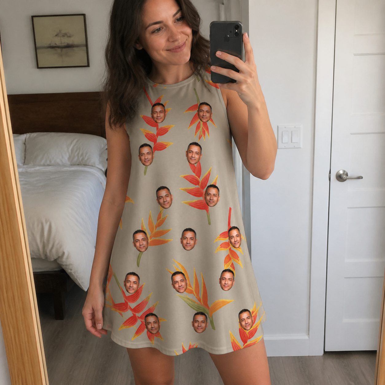Real-life photo of someone wearing Women's Bract Attack Custom Face Tank Dress — custom faces printed all-over
