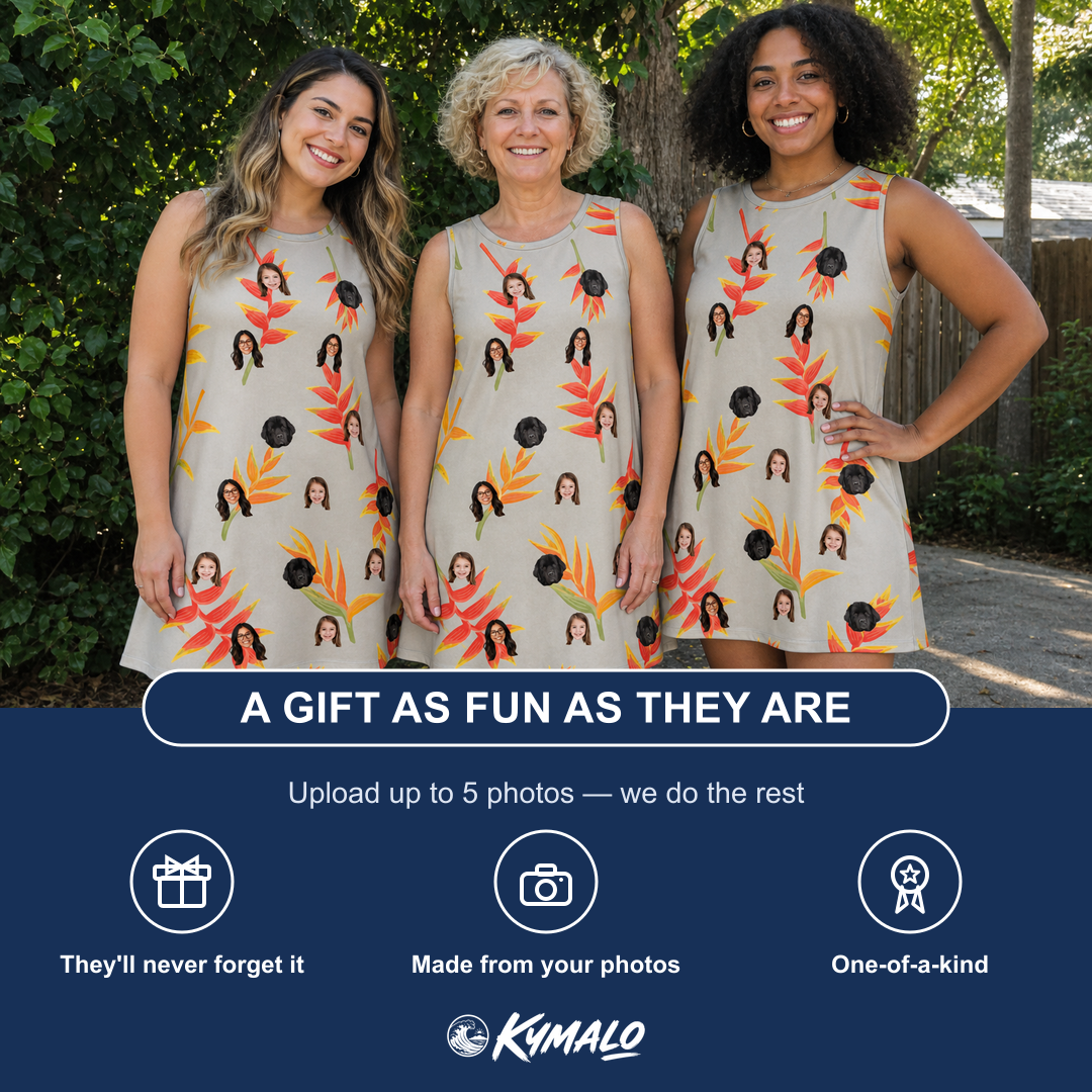 Friends in matching Women's Bract Attack Custom Face Tank Dress — a group gift photo