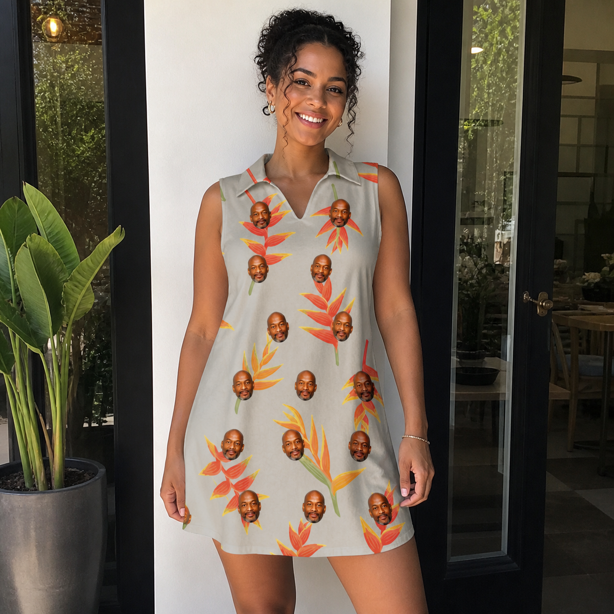 Real-life photo of someone wearing Women's Bract Attack Custom Face V-Neck Dress — custom faces printed all-over