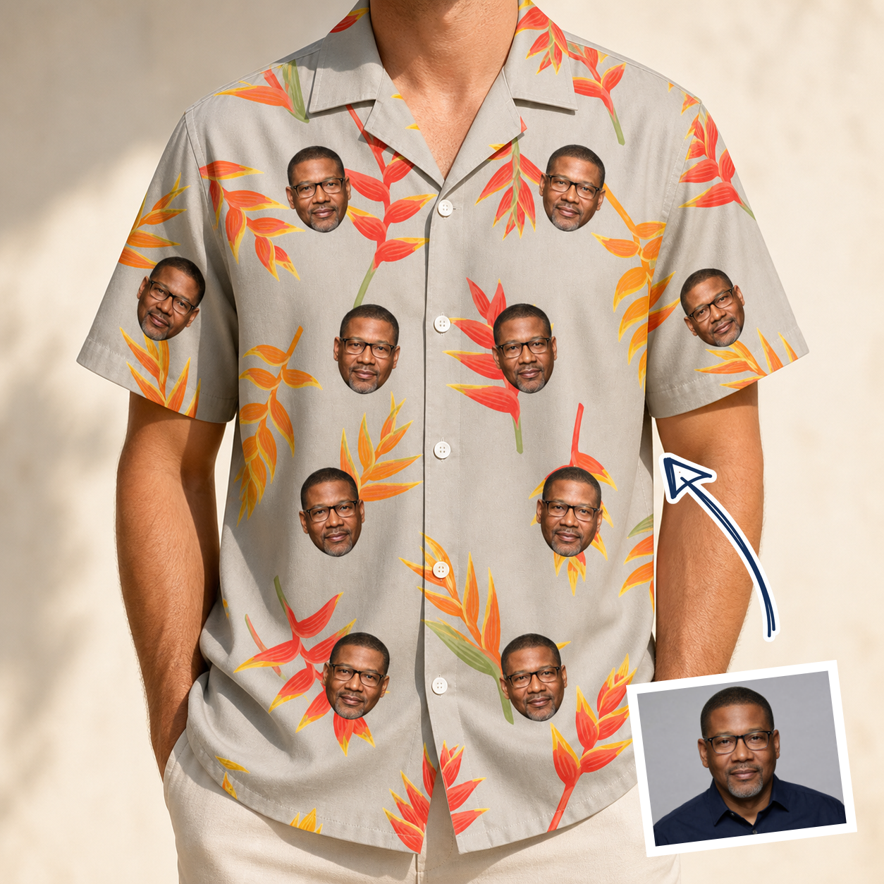 Man wearing Men's Bract Attack Custom Face Hawaiian Shirt — custom faces printed all-over