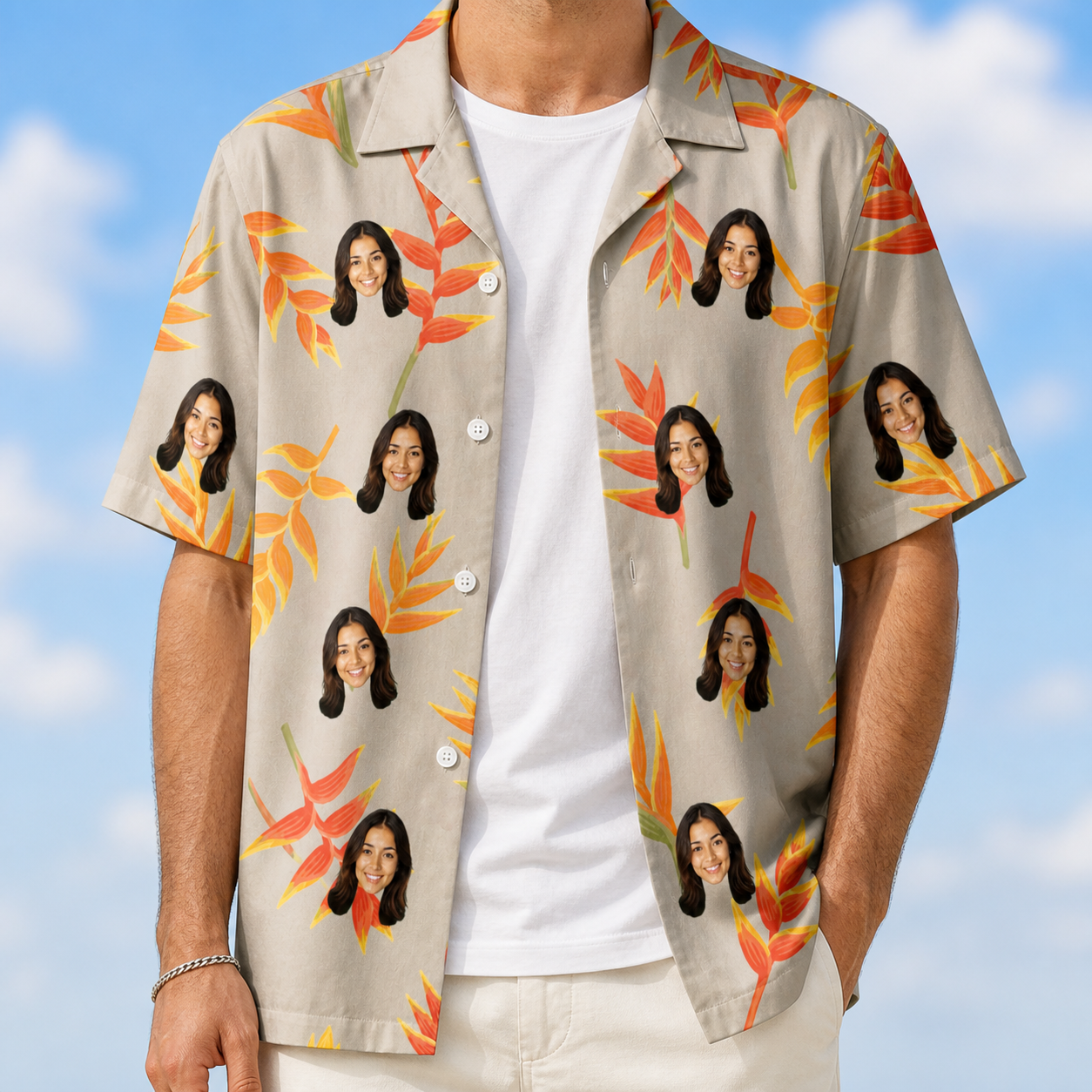 Man wearing Men's Bract Attack Custom Face Hawaiian Shirt open over a white tee